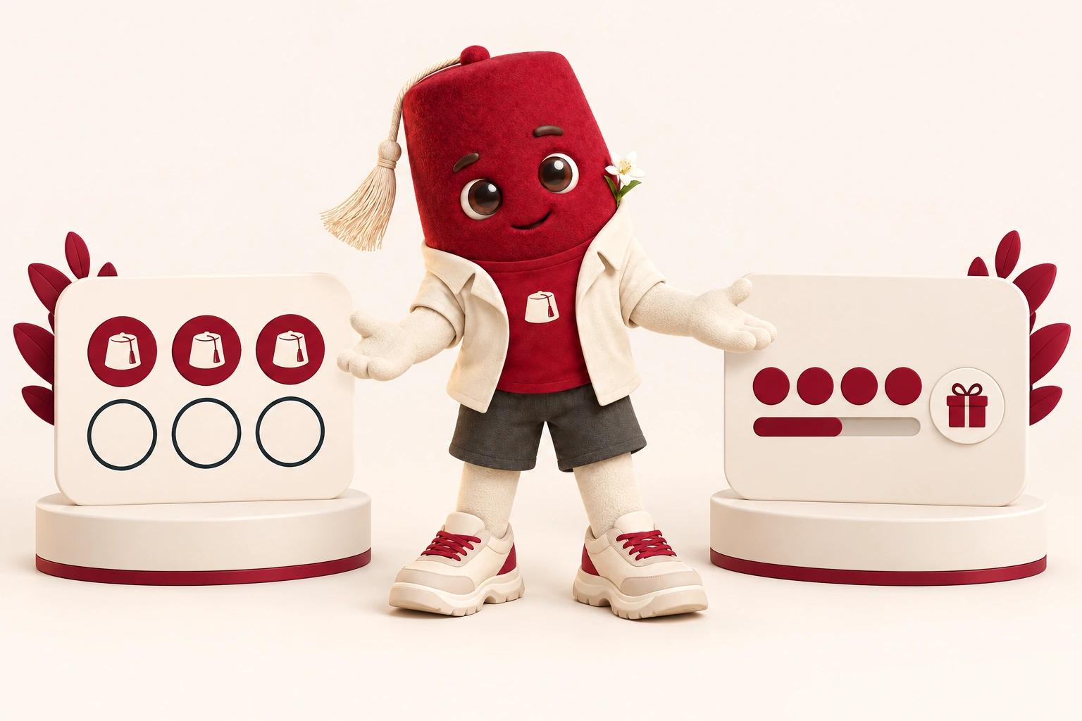 La mascotte Fidèle compare une carte à tampons et un système de points progressant vers un cadeau.