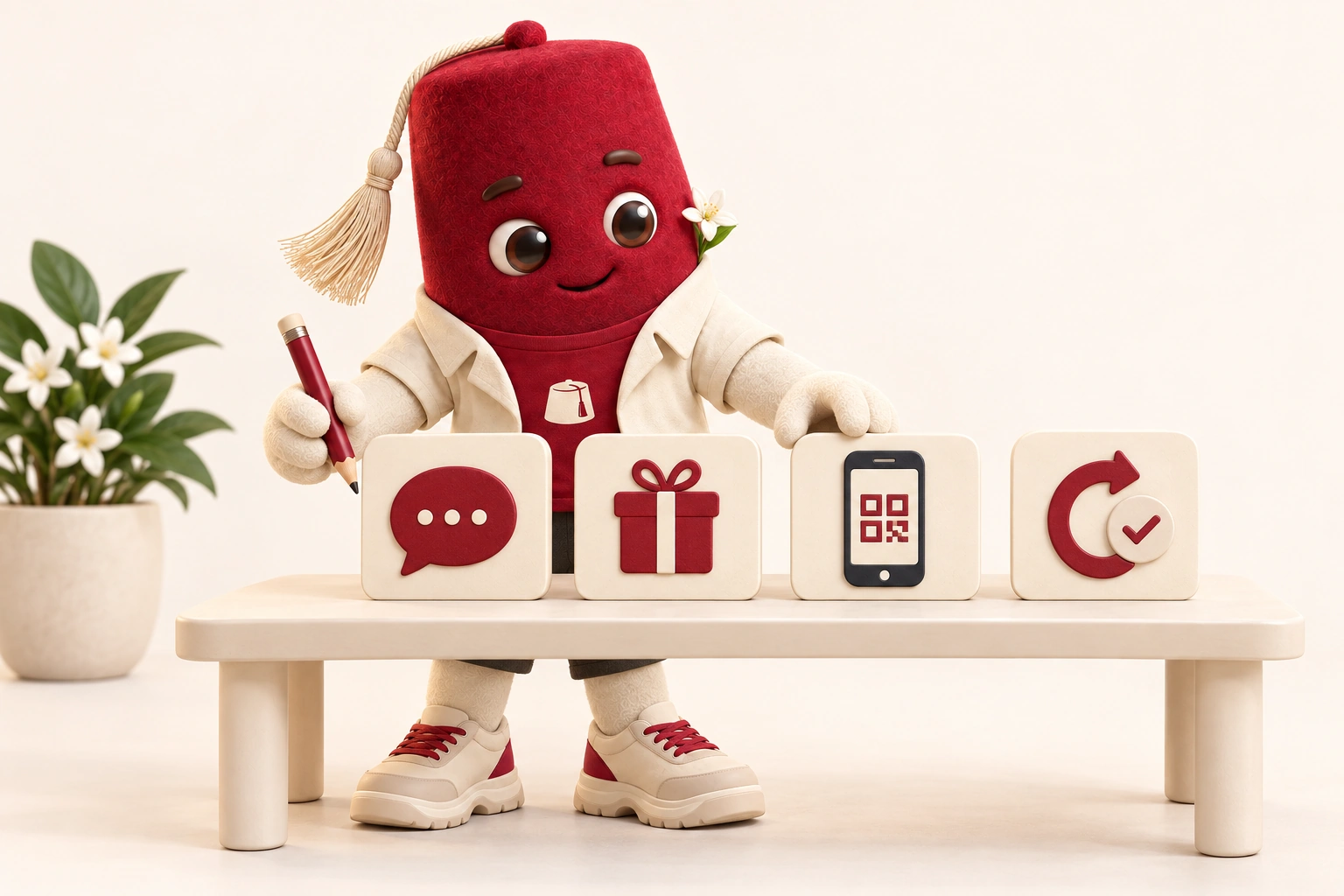 La mascotte prépare quatre étapes représentées par une conversation, un cadeau, un téléphone et une flèche de retour.