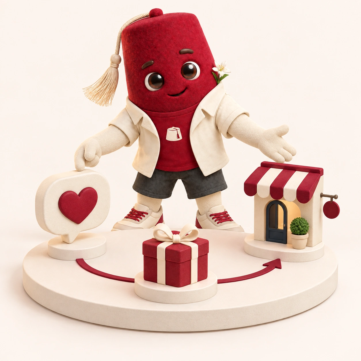 La mascotte Fidèle relie un symbole d’écoute, un cadeau et une boutique pour illustrer le retour du client.