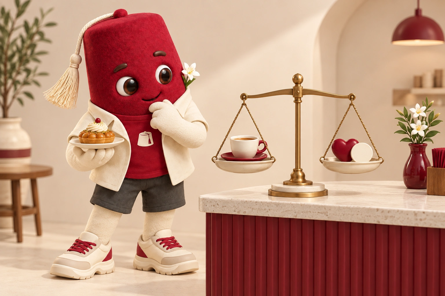 La mascotte réfléchit au choix d’une récompense près d’une balance, d’un café et d’une pâtisserie.